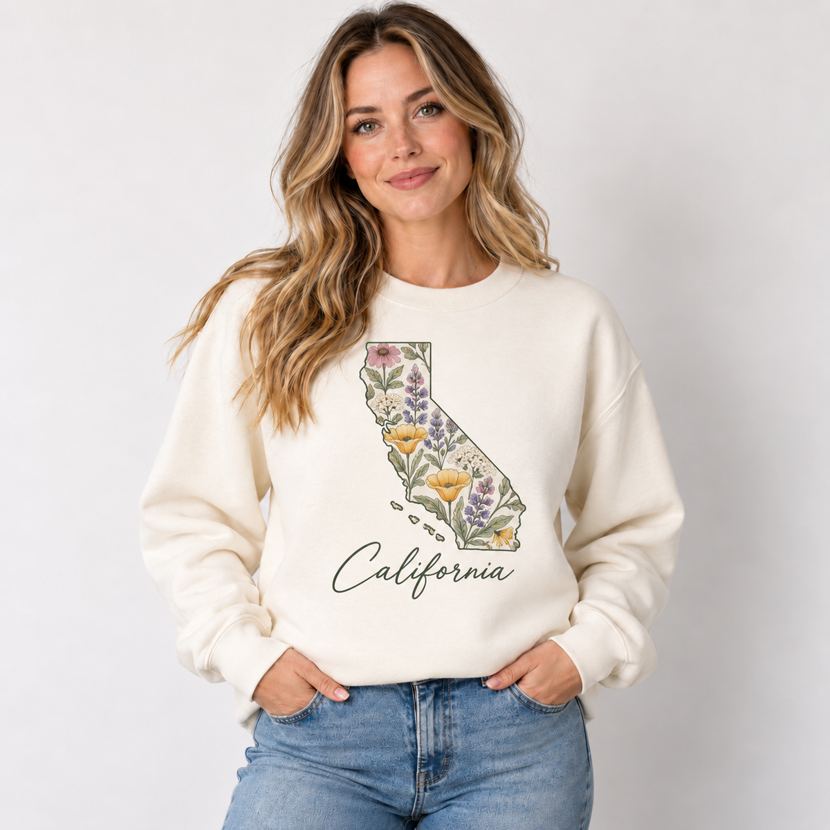 California wildflower design on a cream crewneck