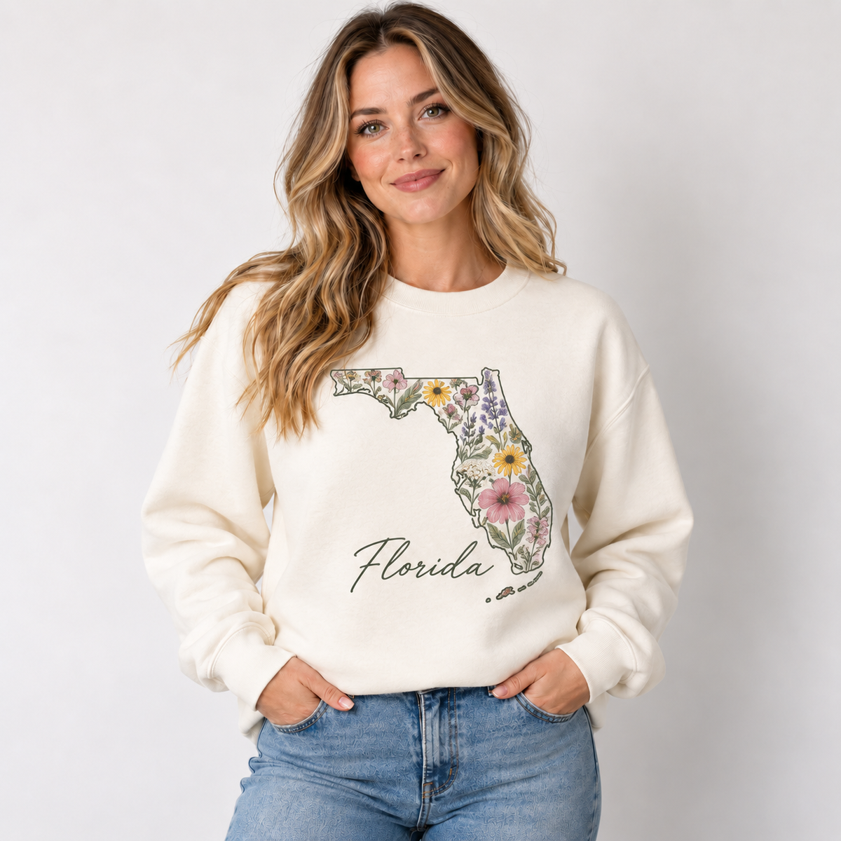 Florida wildflower design on a cream crewneck
