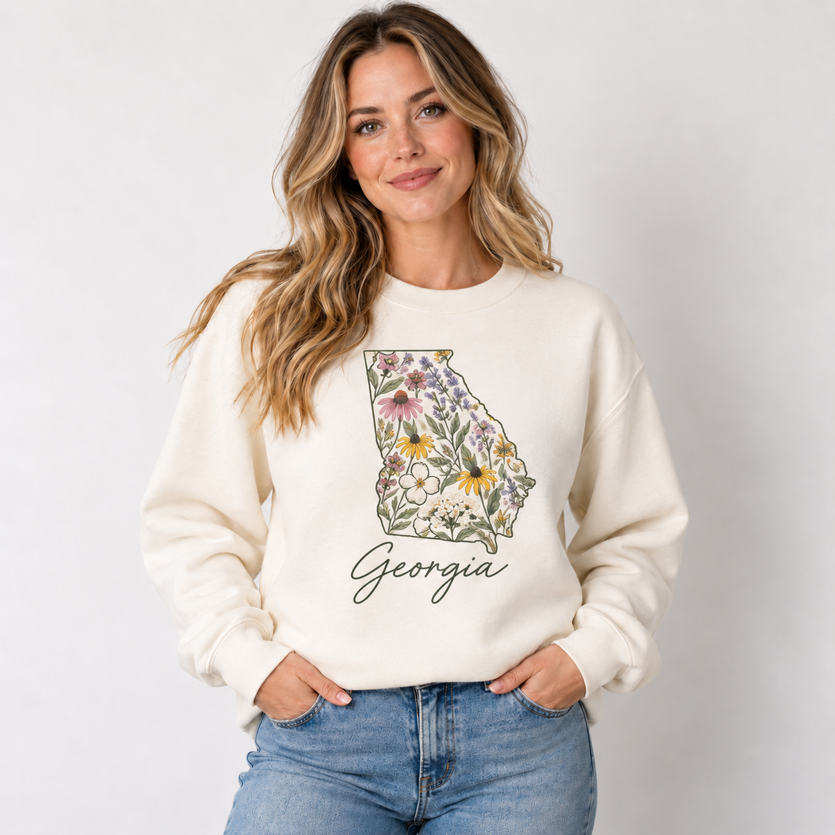 Georgia wildflower design on a cream crewneck