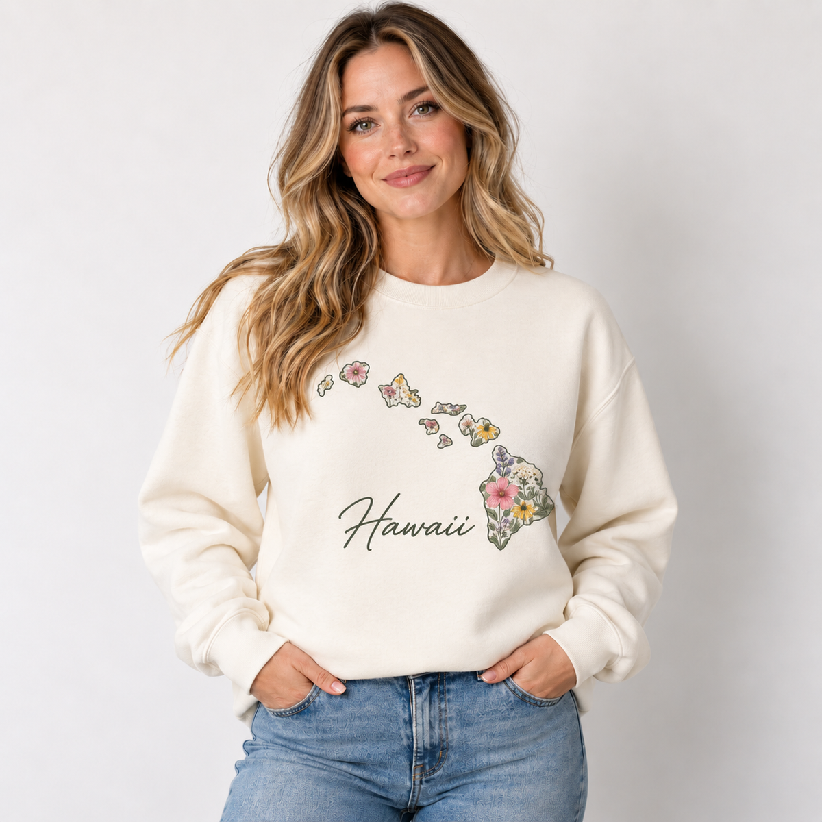 Hawaii wildflower design on a cream crewneck