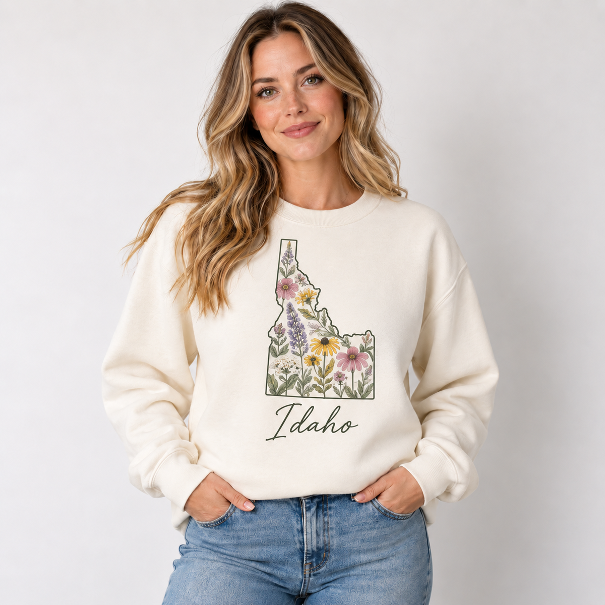 Idaho wildflower design on a cream crewneck
