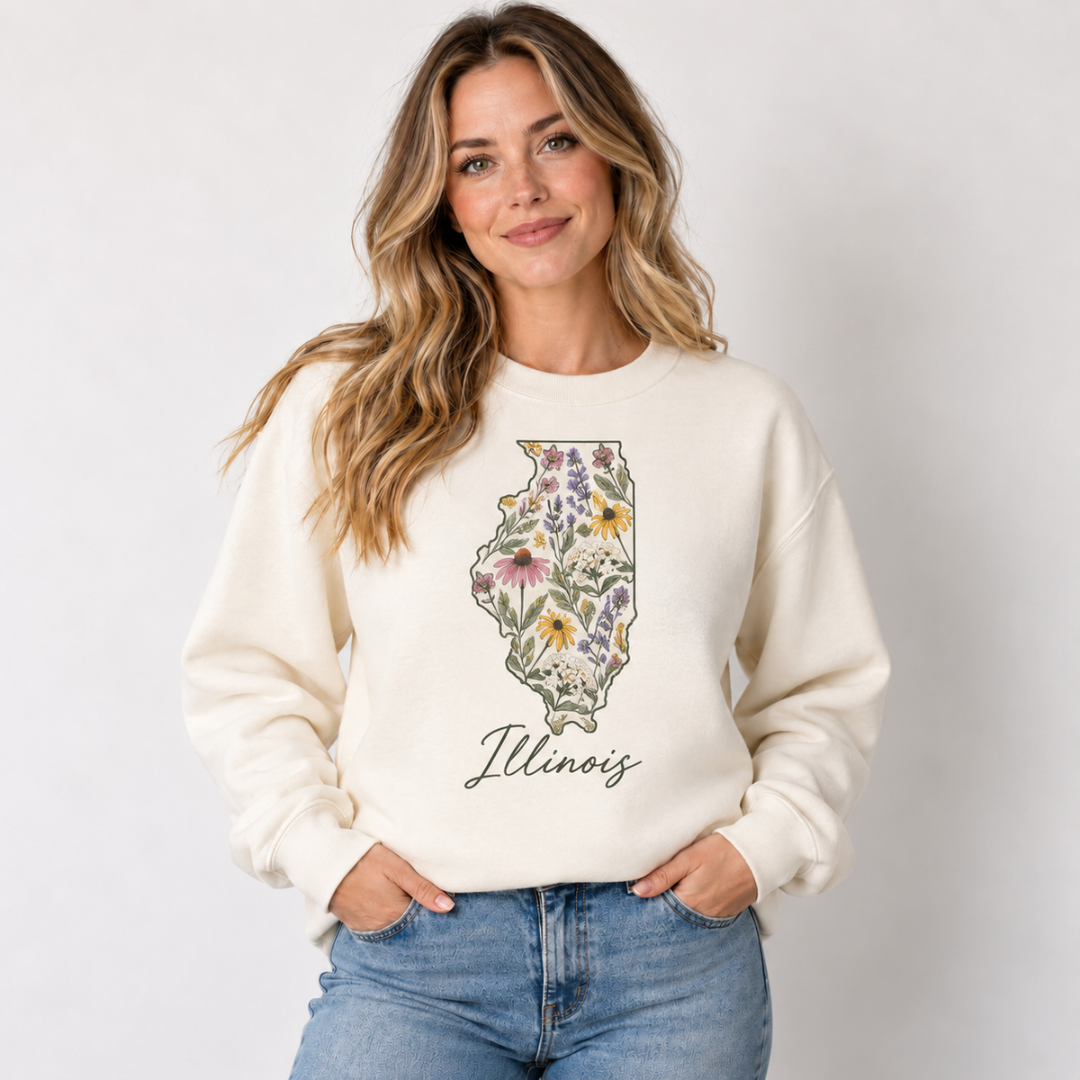 Illinois wildflower design on a cream crewneck