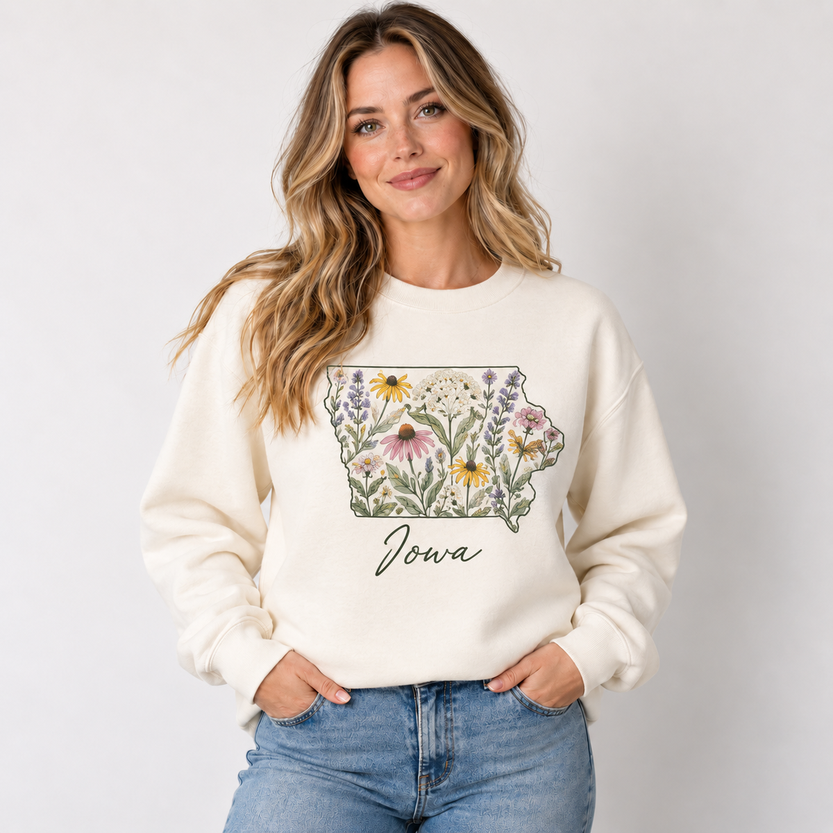 Iowa wildflower design on a cream crewneck