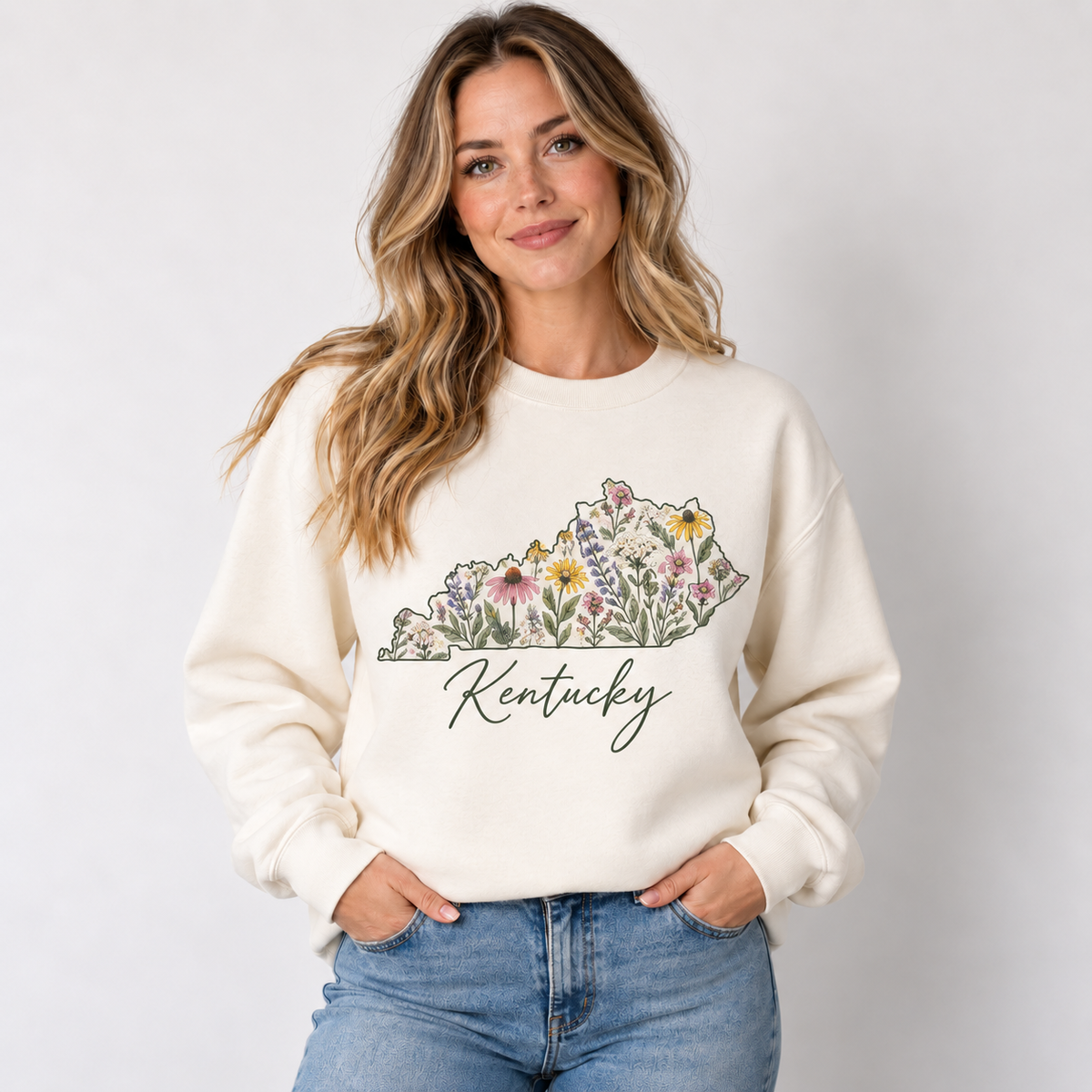 Kentucky wildflower design on a cream crewneck