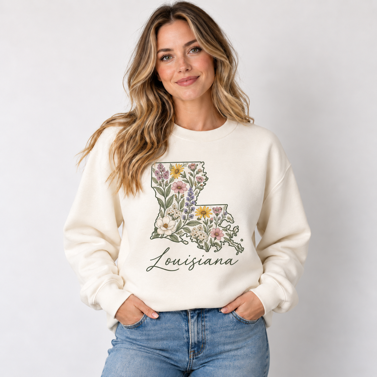 Louisiana wildflower design on a cream crewneck