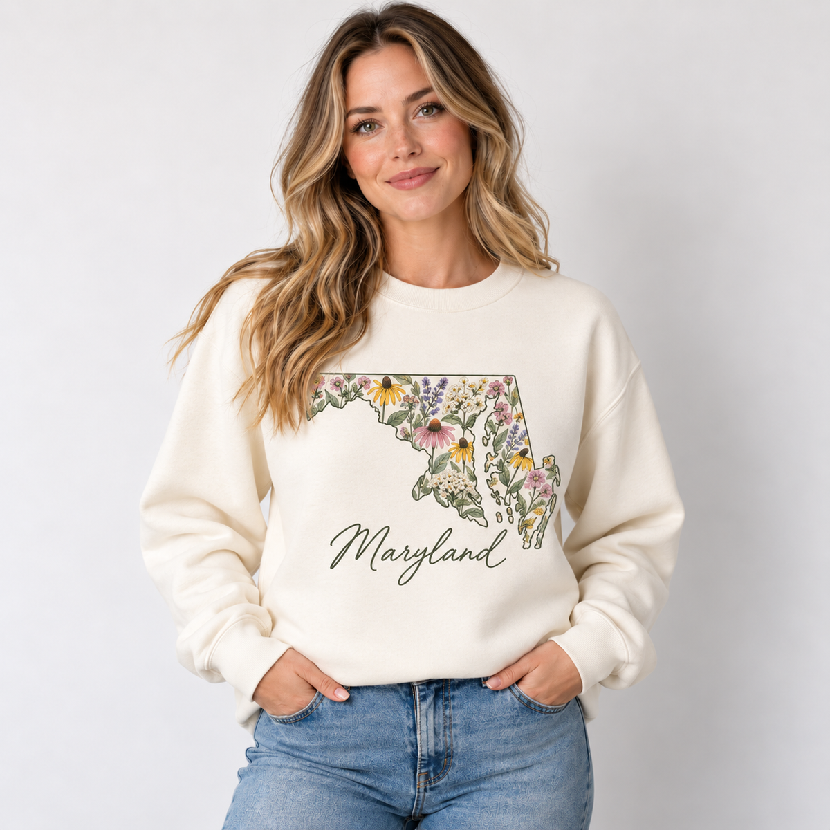 Maryland wildflower design on a cream crewneck