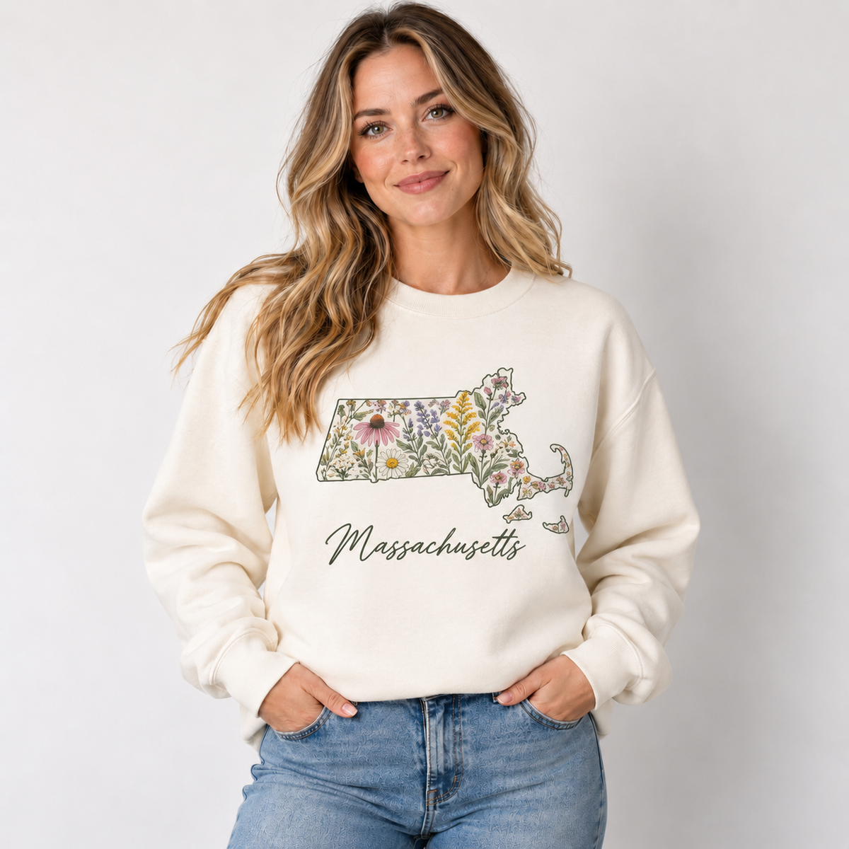 Massachusetts wildflower design on a cream crewneck