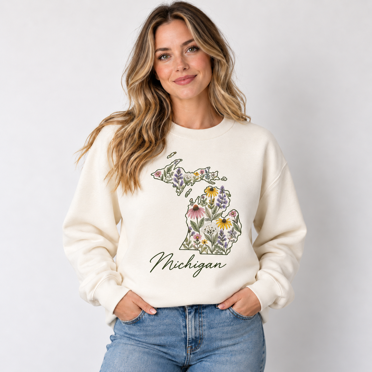 Michigan wildflower design on a cream crewneck