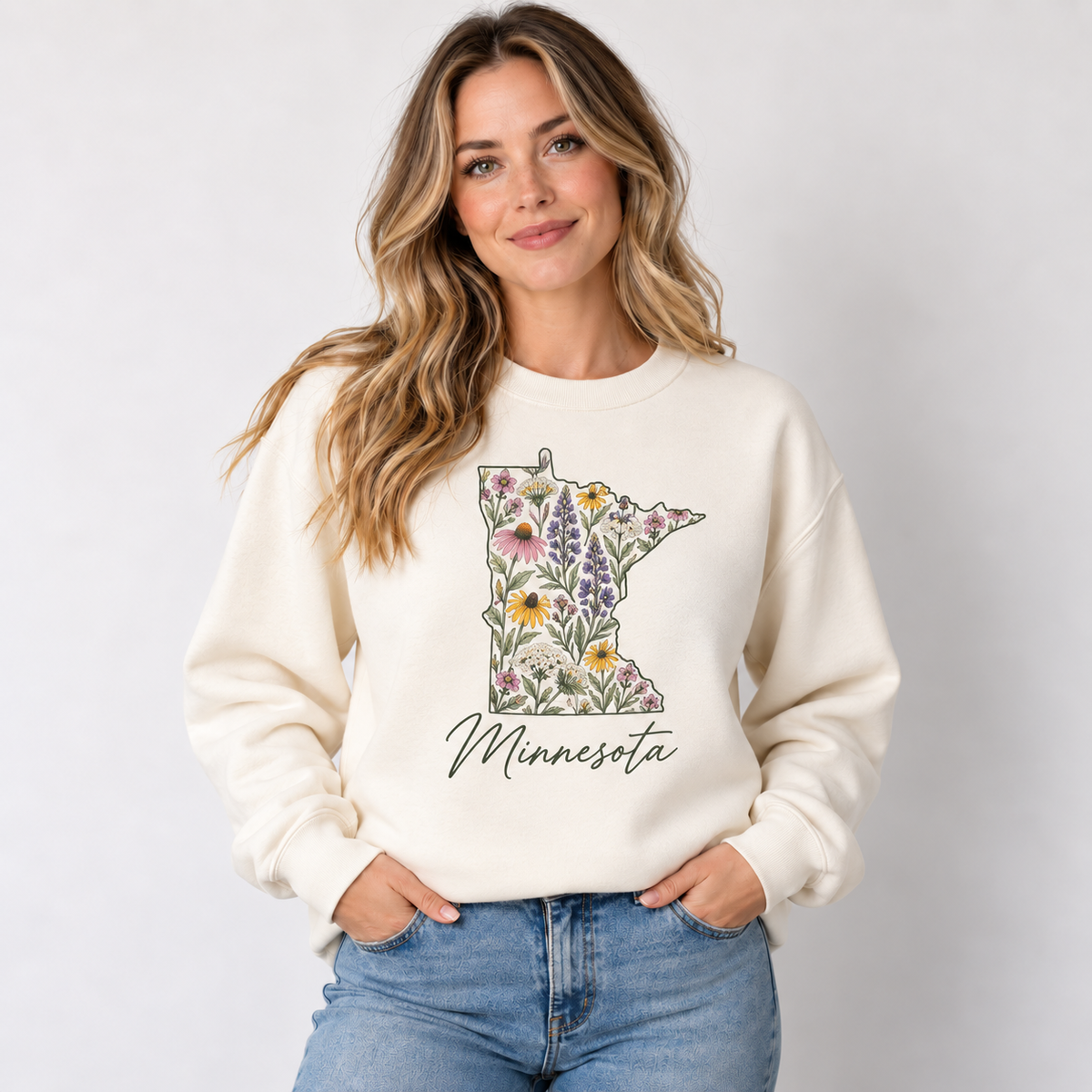 Minnesota wildflower design on a cream crewneck