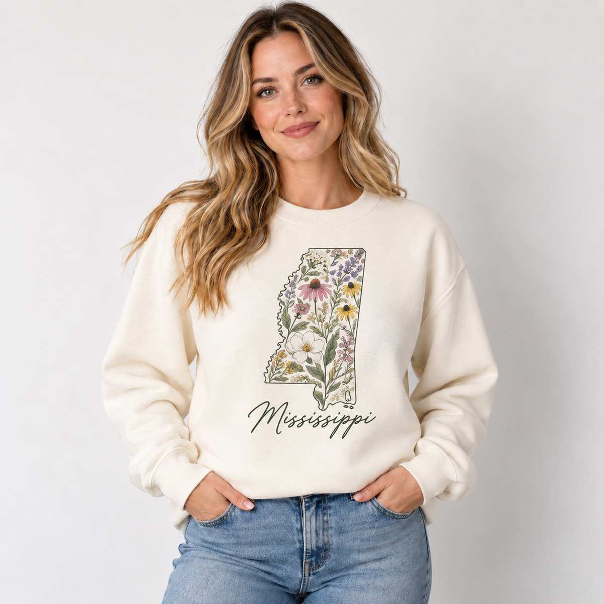Mississippi wildflower design on a cream crewneck