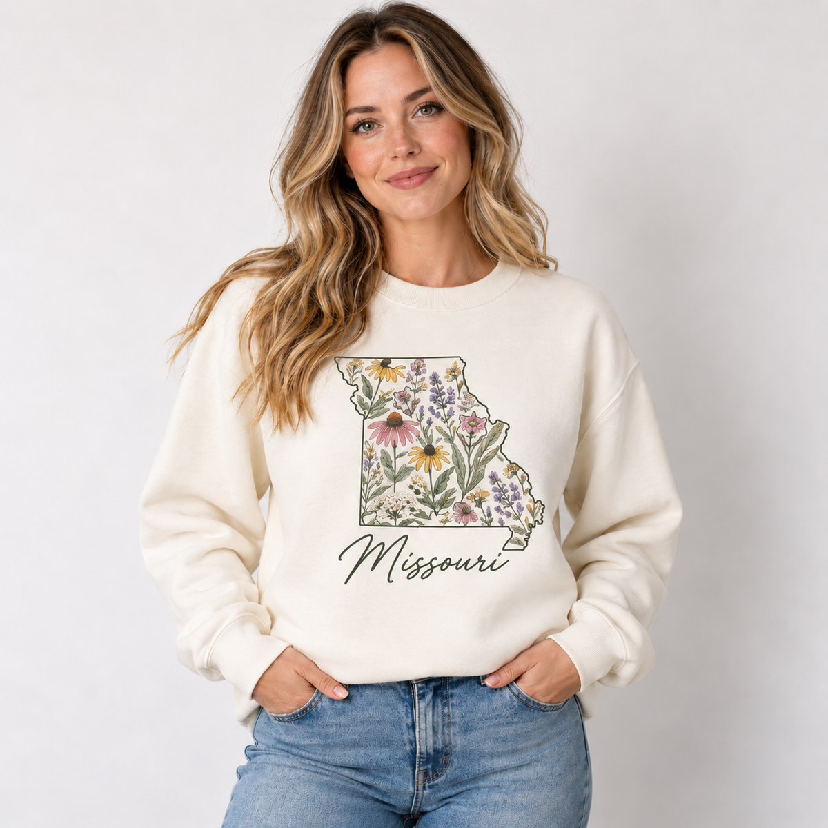 Missouri wildflower design on a cream crewneck