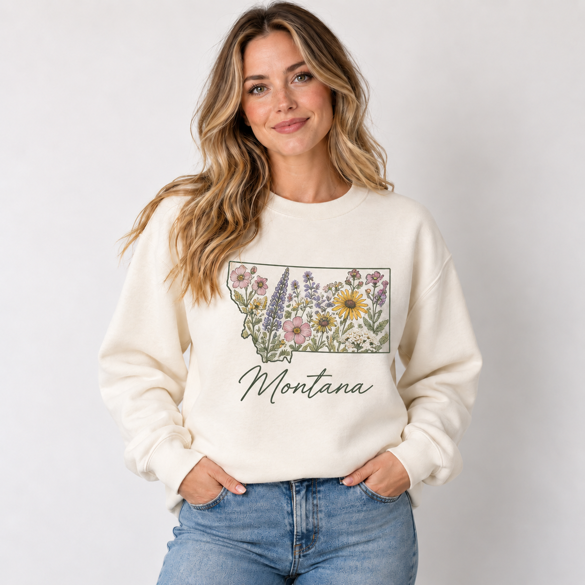 Montana wildflower design on a cream crewneck