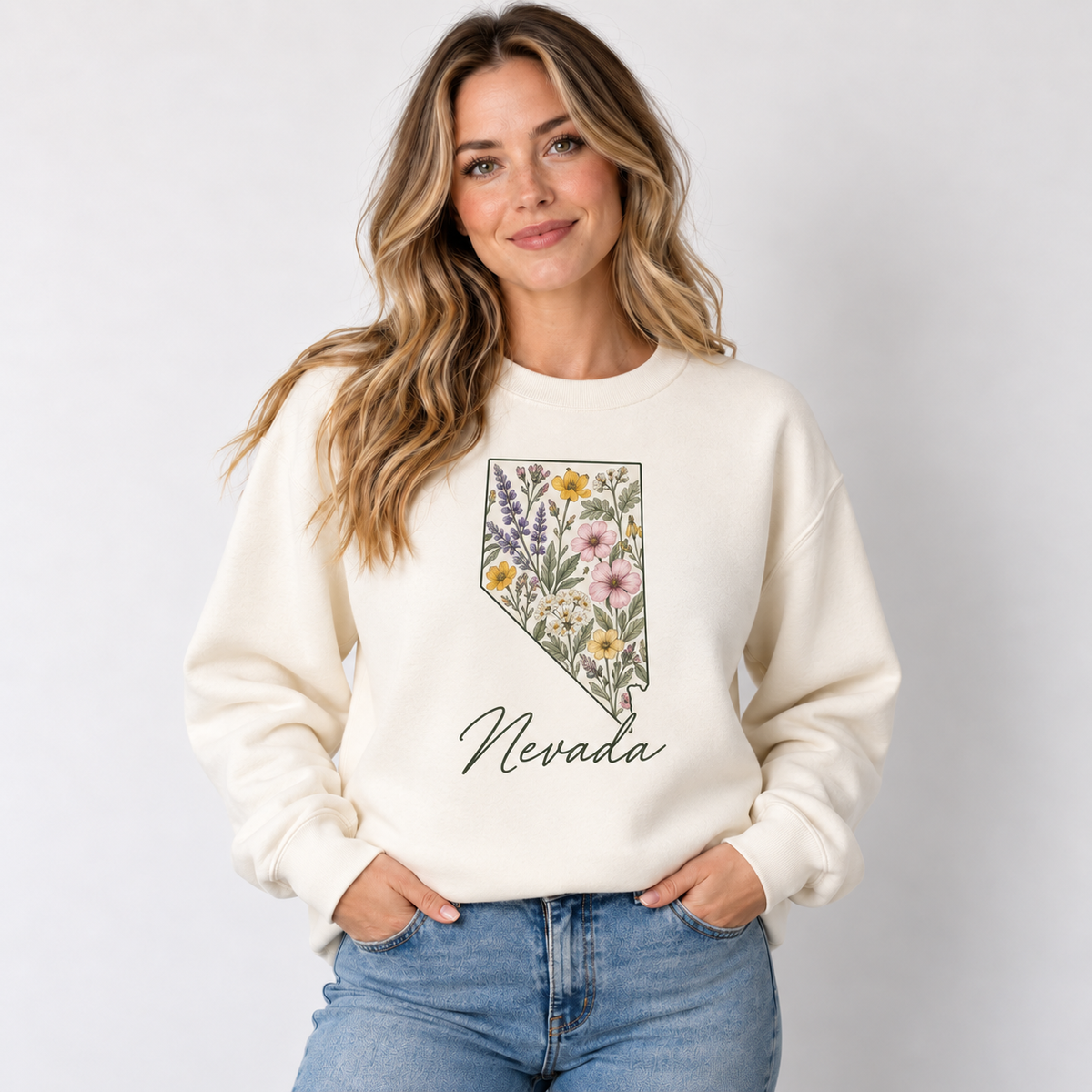 Nevada wildflower design on a cream crewneck