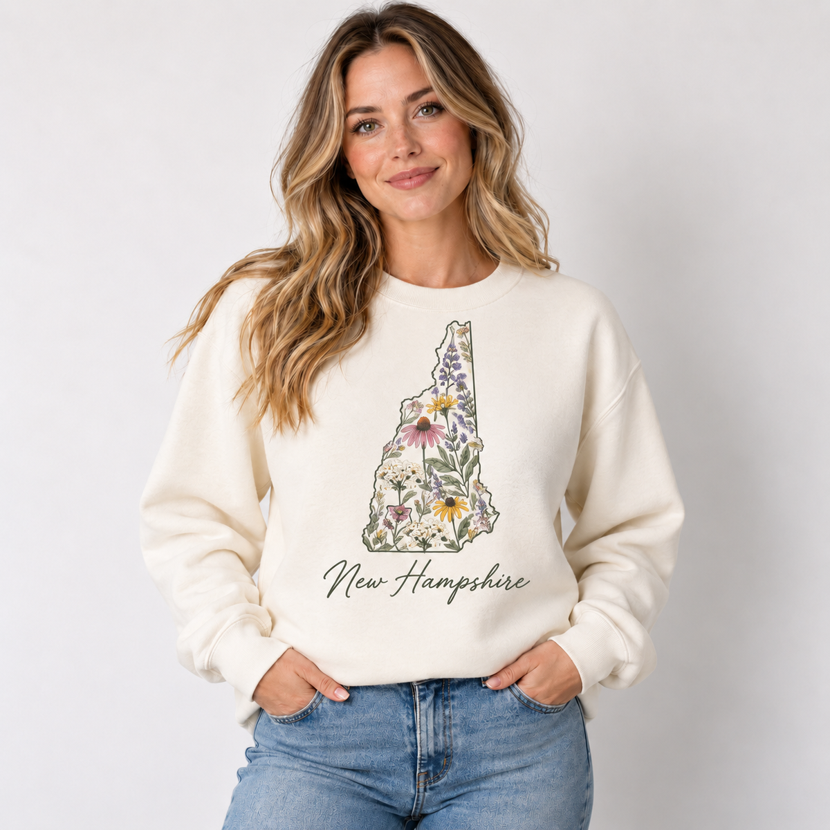 New Hampshire wildflower design on a cream crewneck