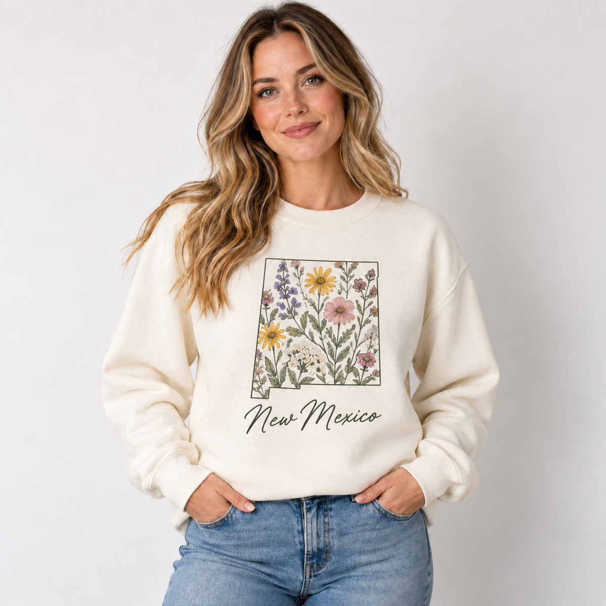 New Mexico wildflower design on a cream crewneck