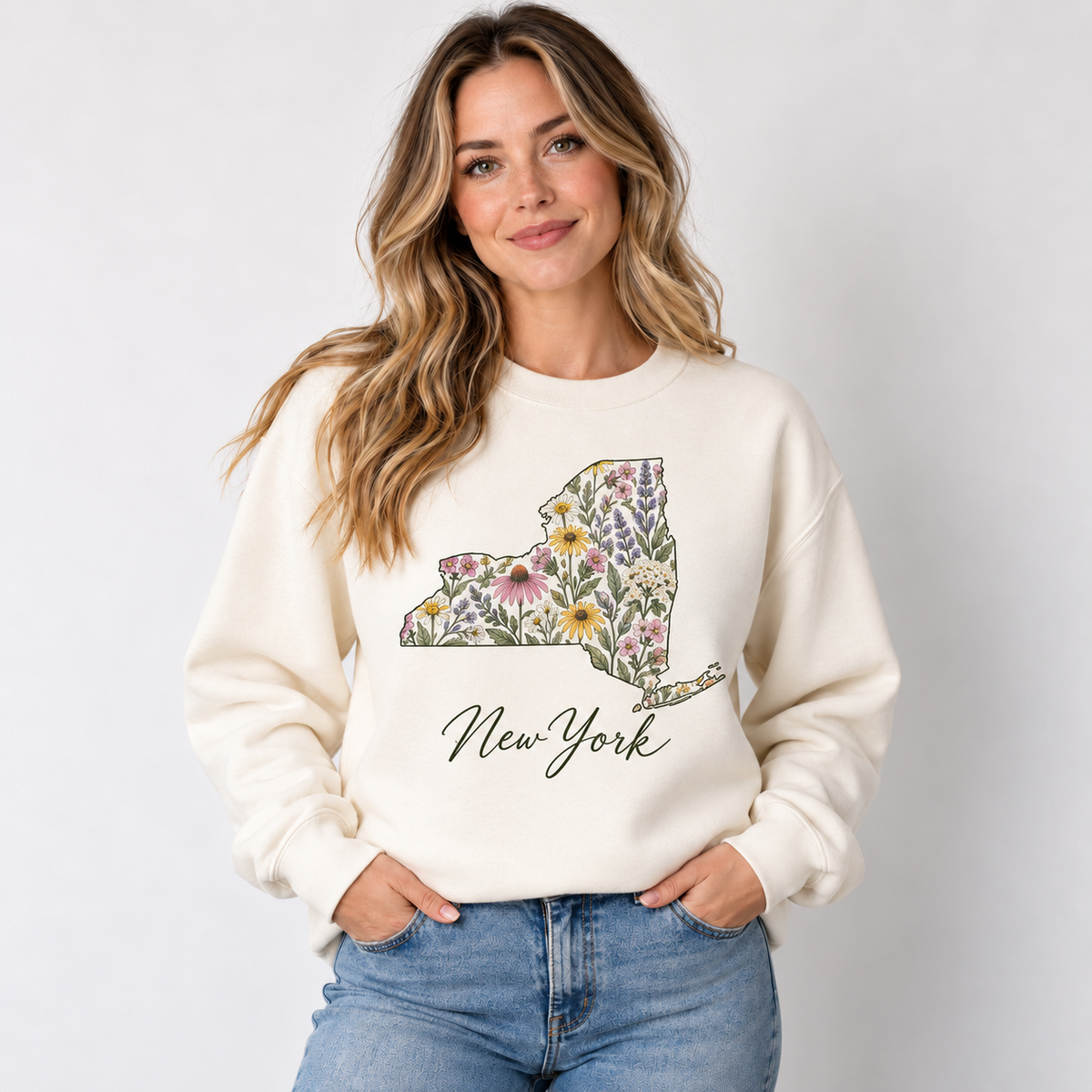 New York wildflower design on a cream crewneck