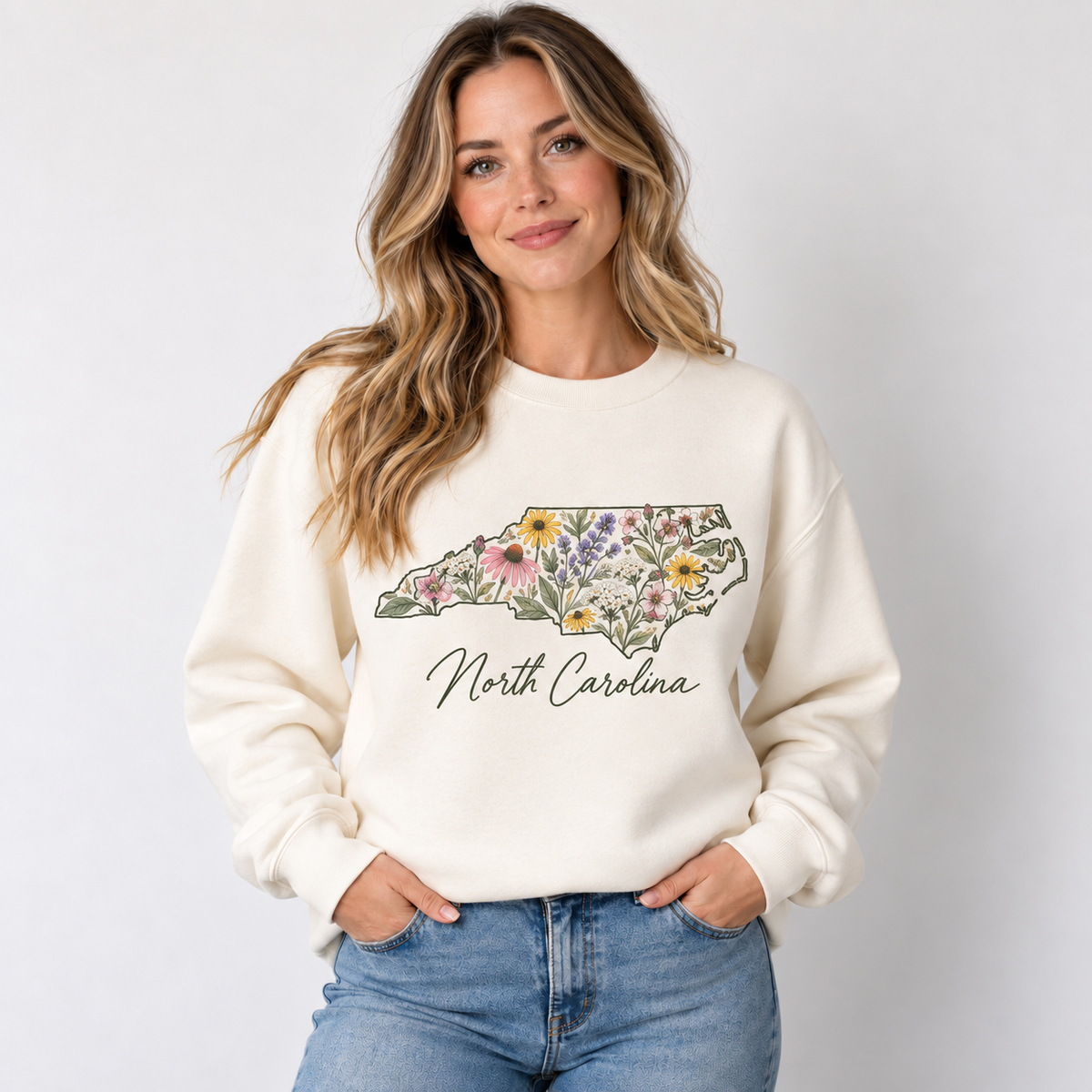 North Carolina wildflower design on a cream crewneck