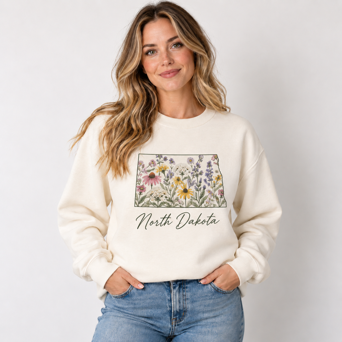 North Dakota wildflower design on a cream crewneck