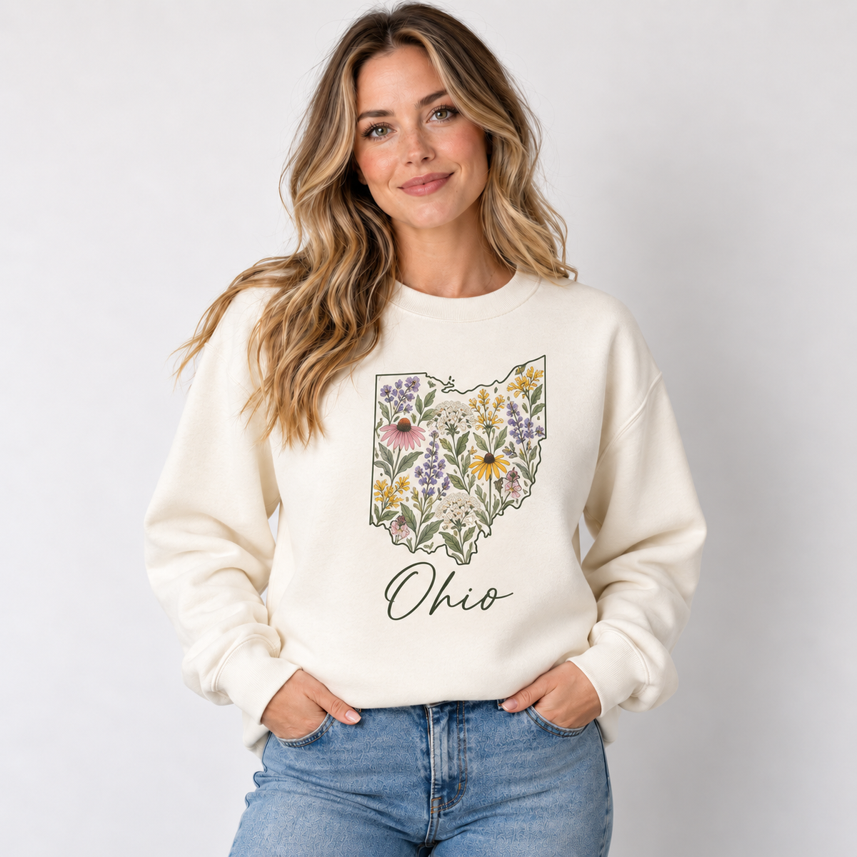 Ohio wildflower design on a cream crewneck