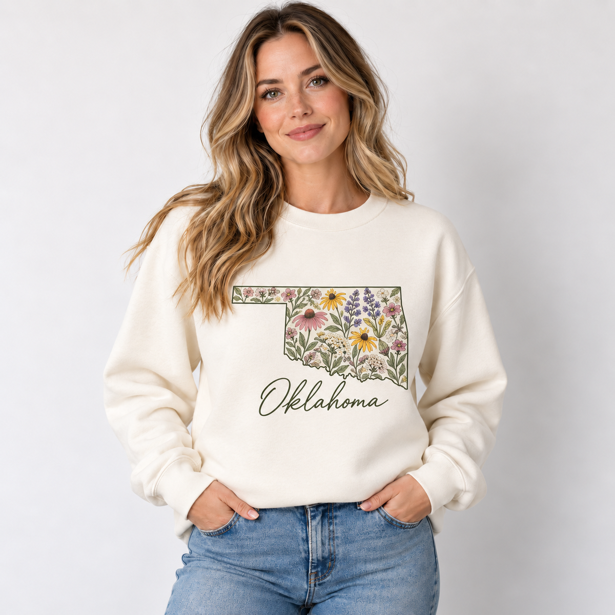 Oklahoma wildflower design on a cream crewneck