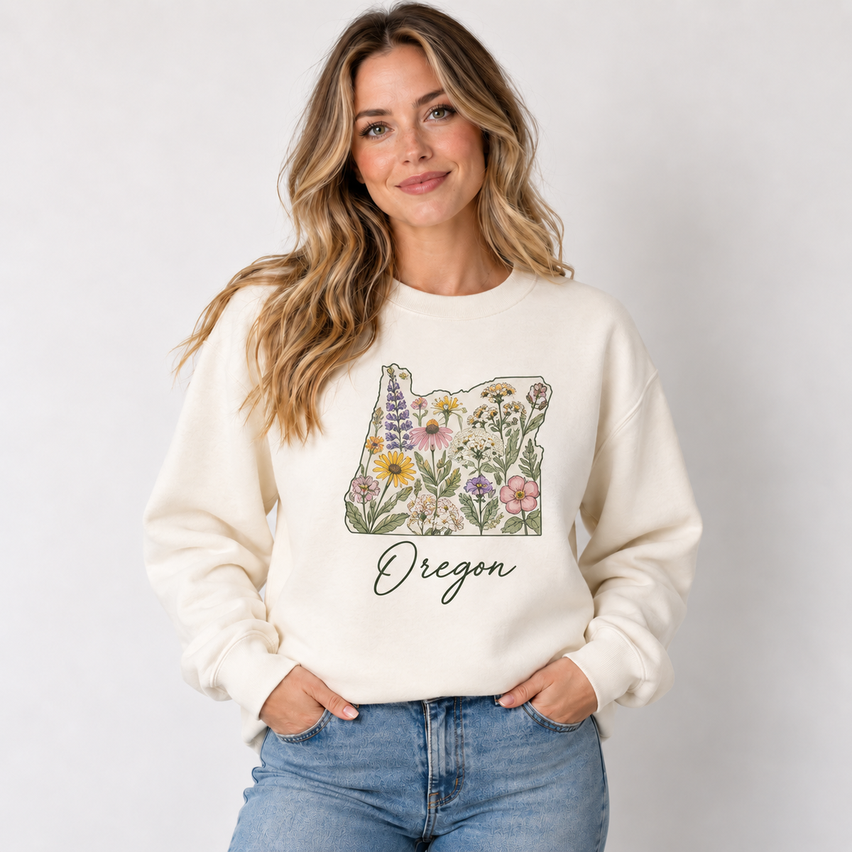 Oregon wildflower design on a cream crewneck