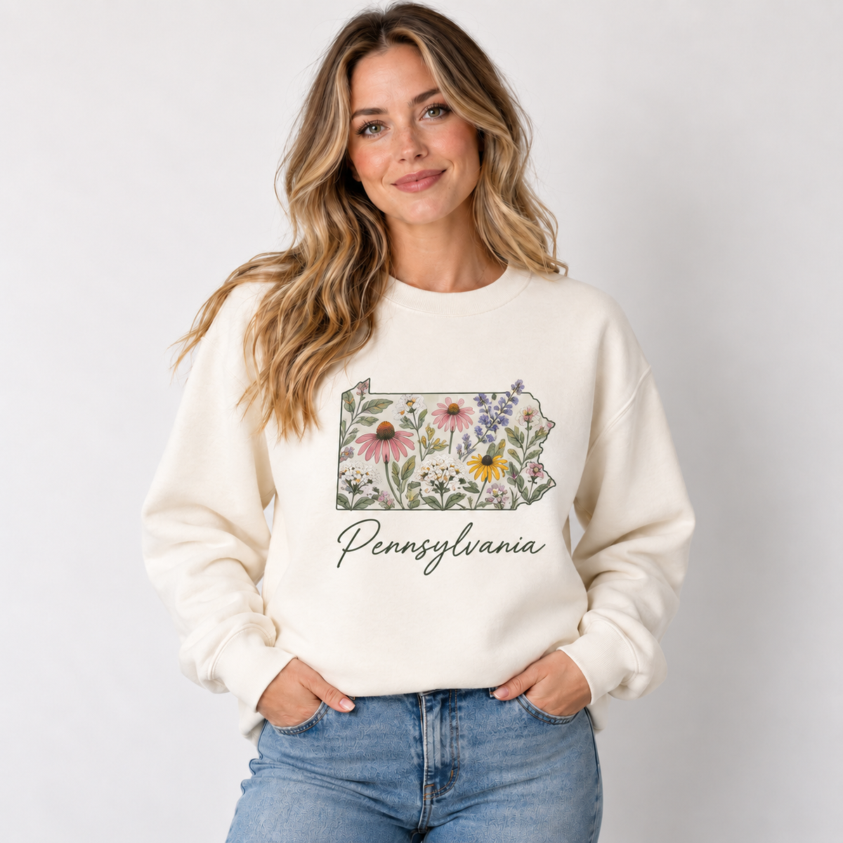 Pennsylvania wildflower design on a cream crewneck