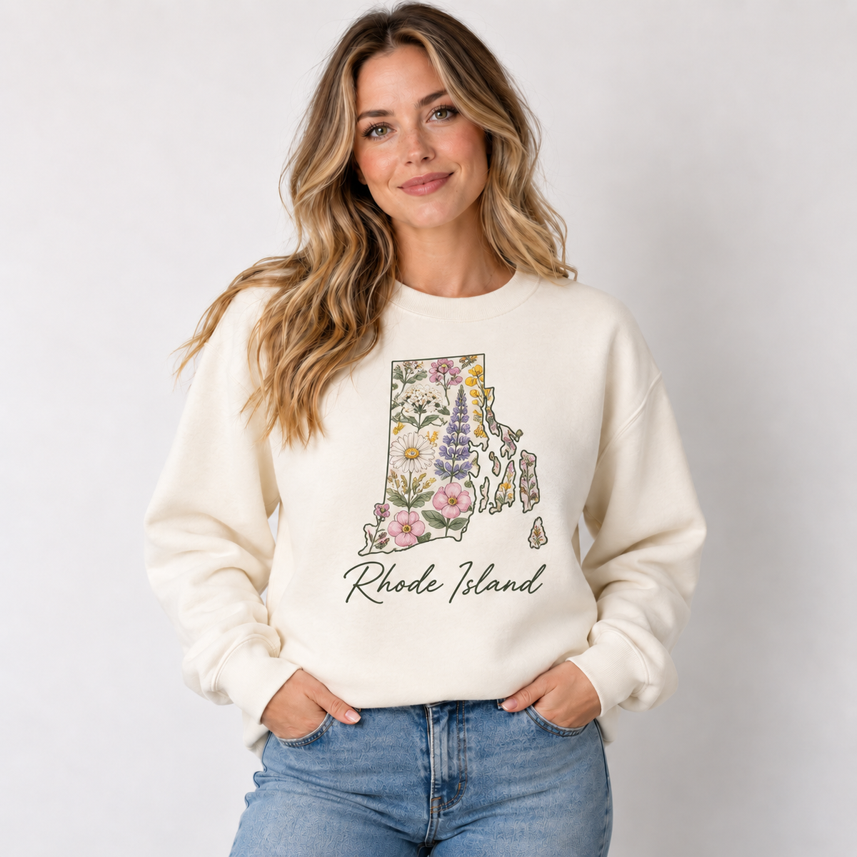 Rhode Island wildflower design on a cream crewneck