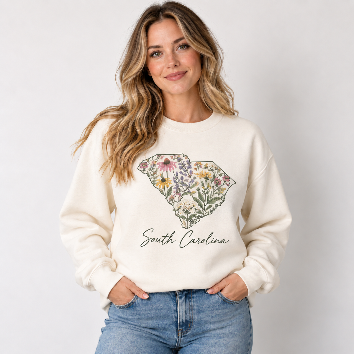 South Carolina wildflower design on a cream crewneck