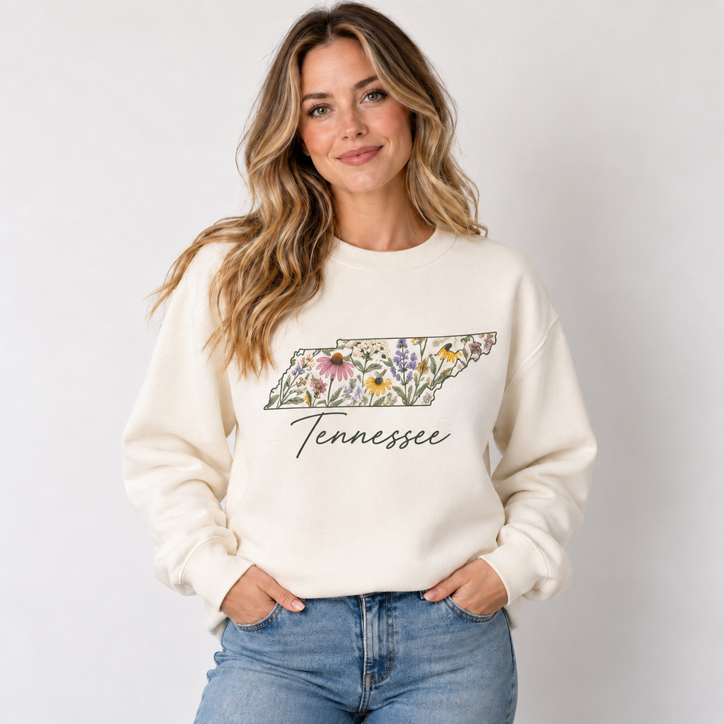 Tennessee wildflower design on a cream crewneck