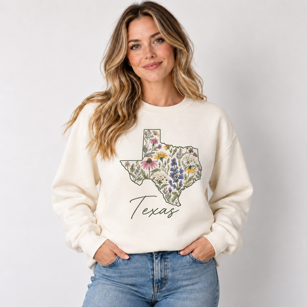 Texas wildflower design on a cream crewneck