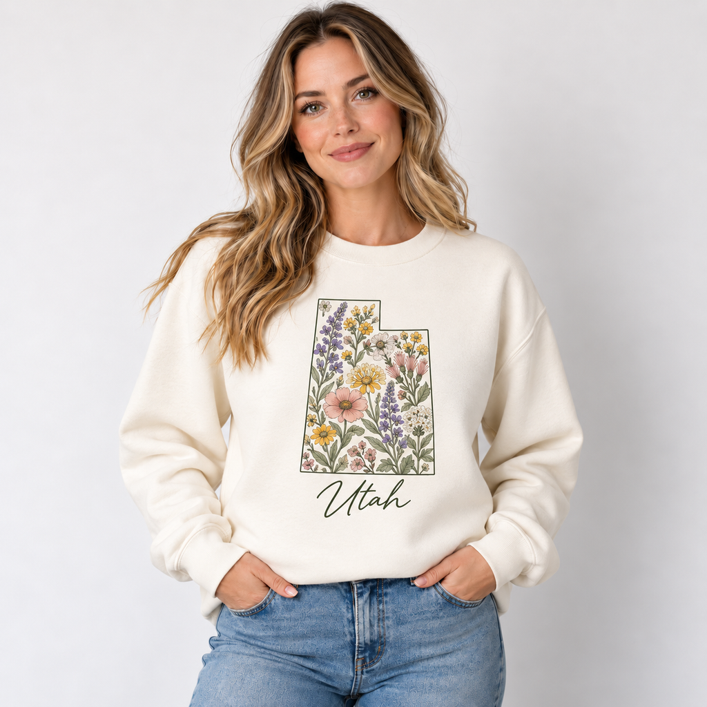 Utah wildflower design on a cream crewneck