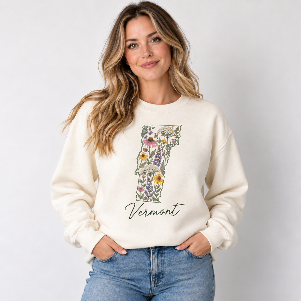 Vermont wildflower design on a cream crewneck