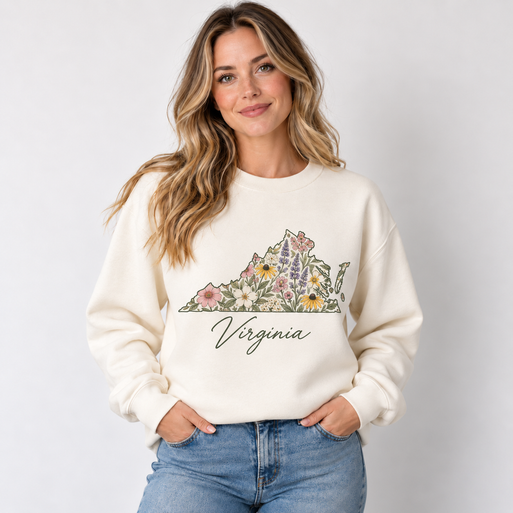 Virginia wildflower design on a cream crewneck
