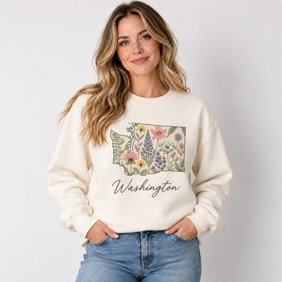 Washington wildflower design on a cream crewneck
