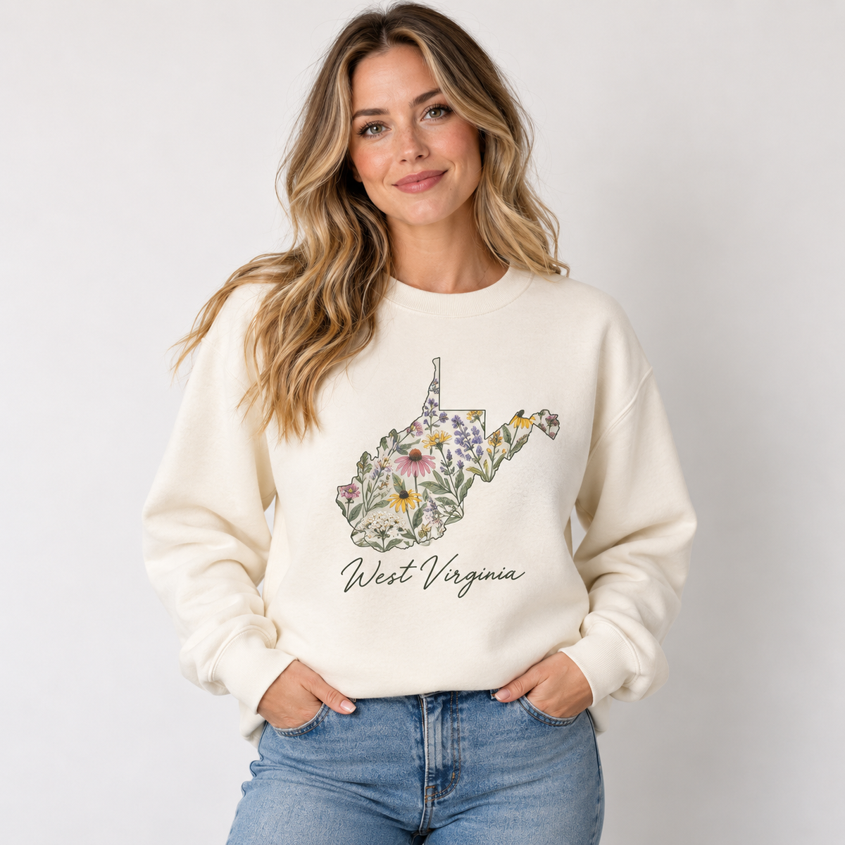 West Virginia wildflower design on a cream crewneck