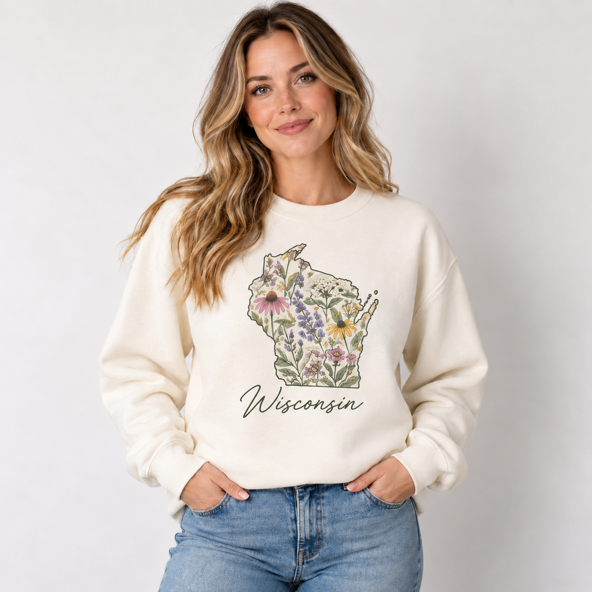 Wisconsin wildflower design on a cream crewneck