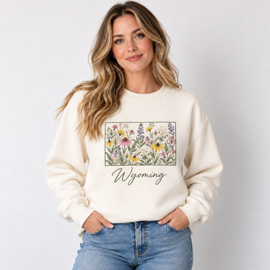 Wyoming wildflower design on a cream crewneck