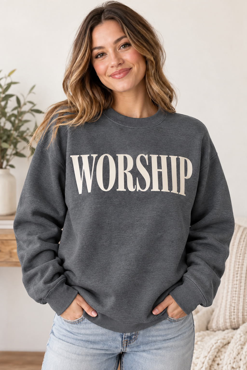 WORSHIP Crewneck in Dark Heather