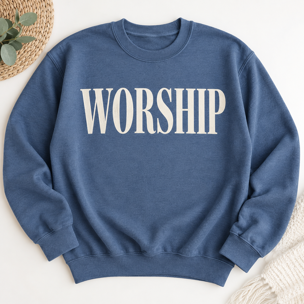 Indigo Blue WORSHIP crewneck flat lay