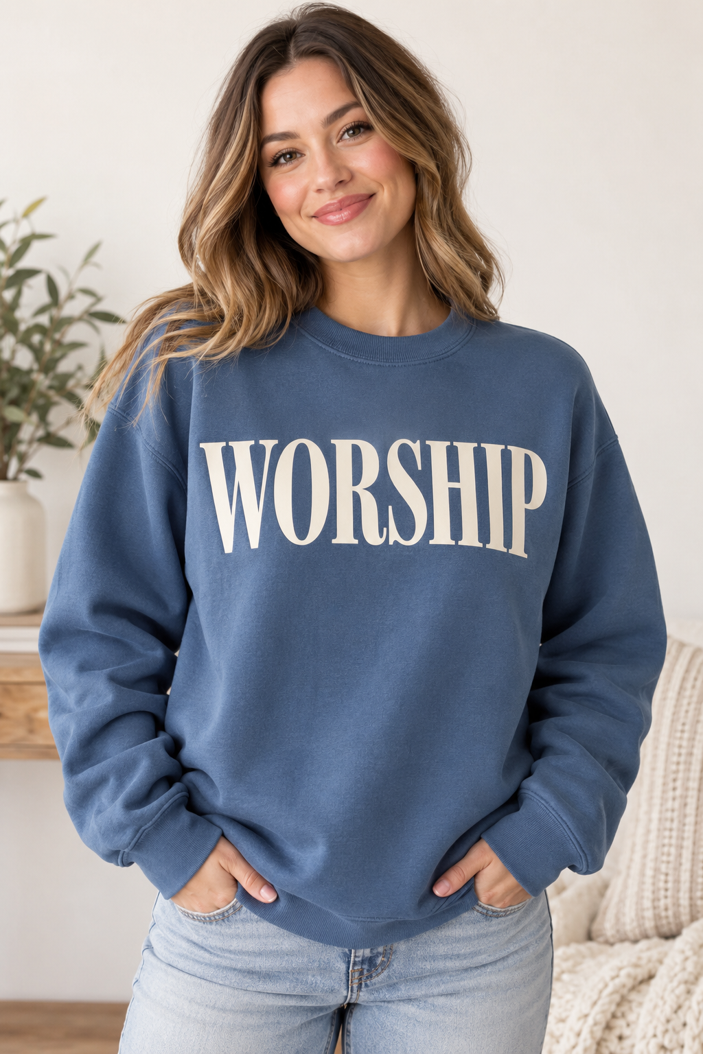 Woman wearing Indigo Blue WORSHIP crewneck