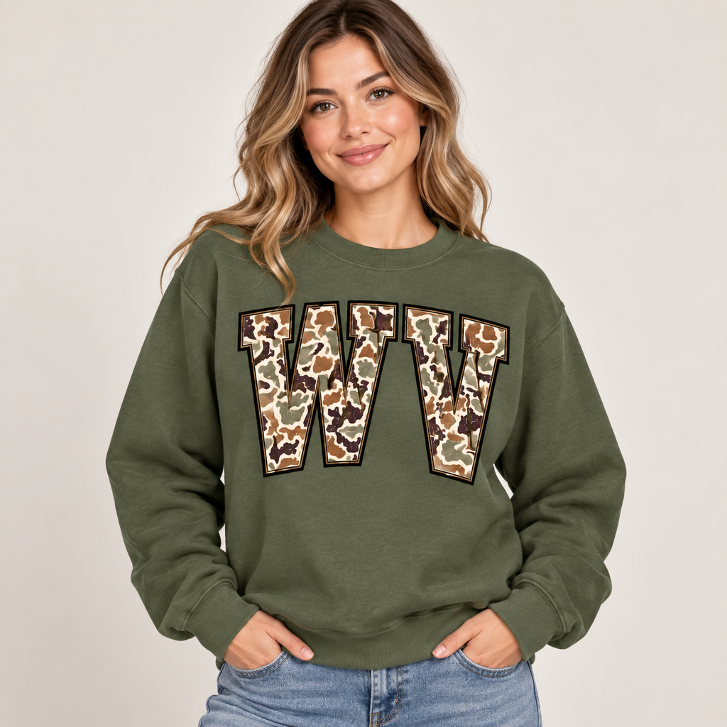 Woman wearing olive camo WV crewneck