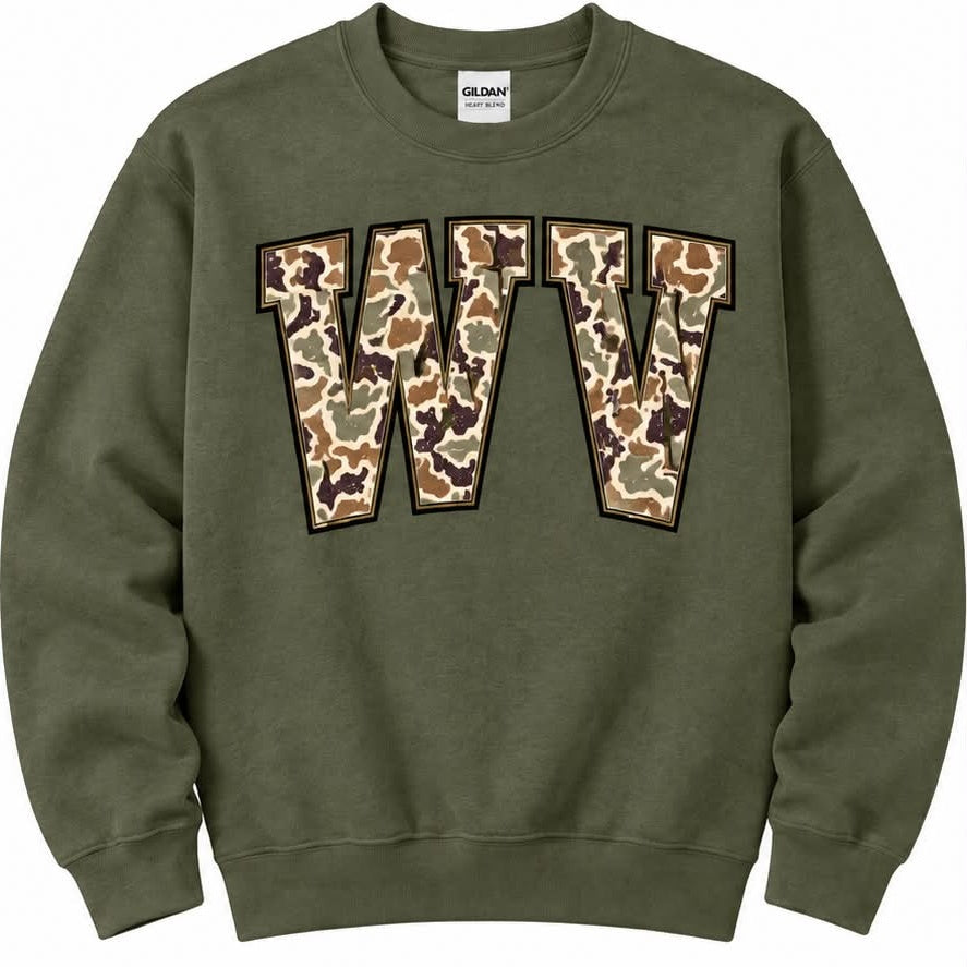 Flat mockup of olive camo WV crewneck