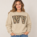 Woman wearing sand camo WV crewneck