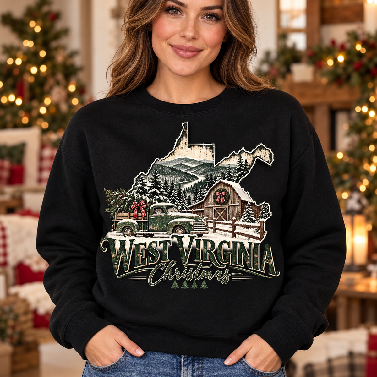 West Virginia Christmas vintage green truck and snowy barn black crewneck