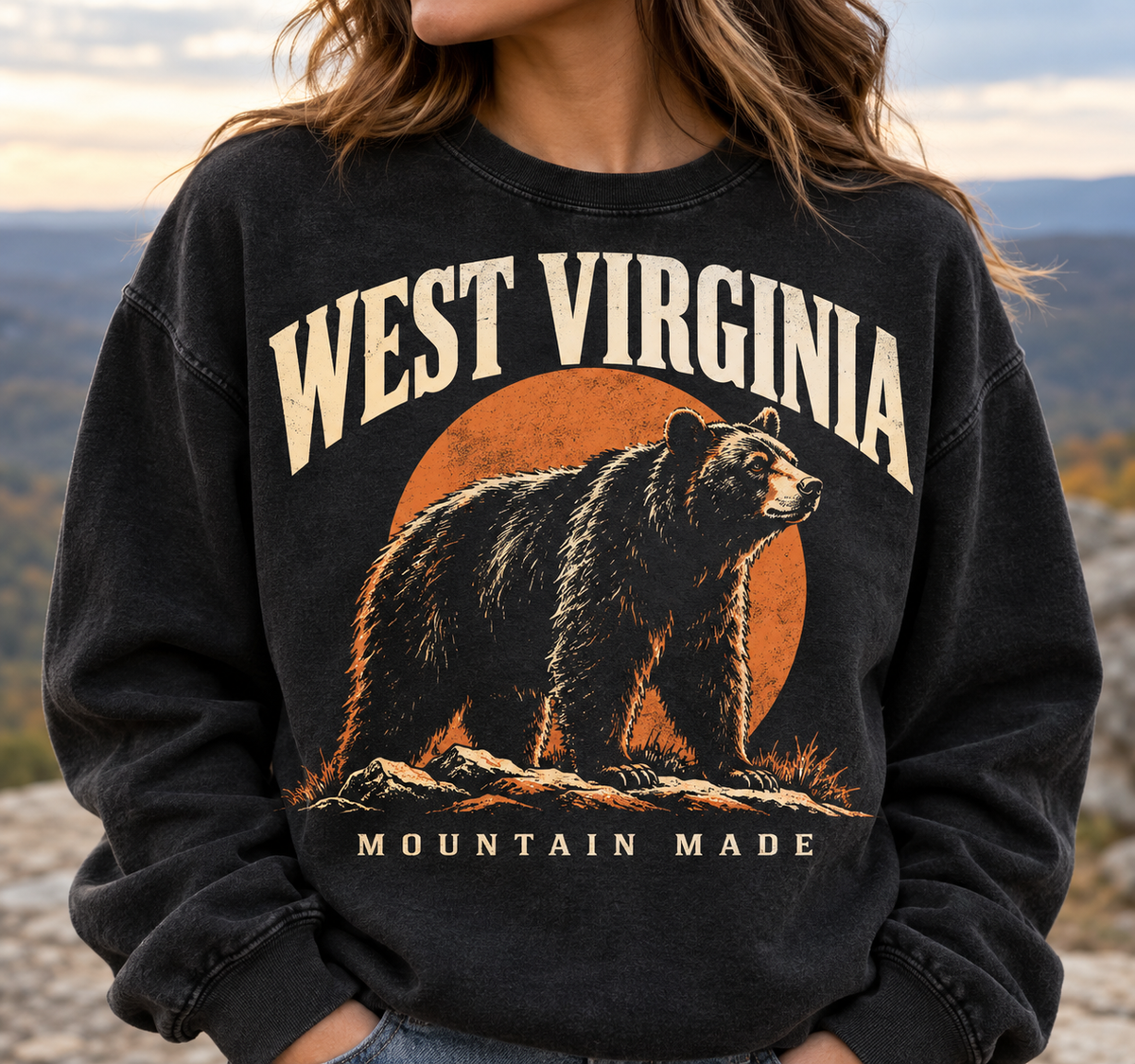Woman modeling black West Virginia Mountain Made black bear crewneck