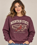 Woman modeling Mountain State West Virginia crewneck in Heather Sport Dark Maroon