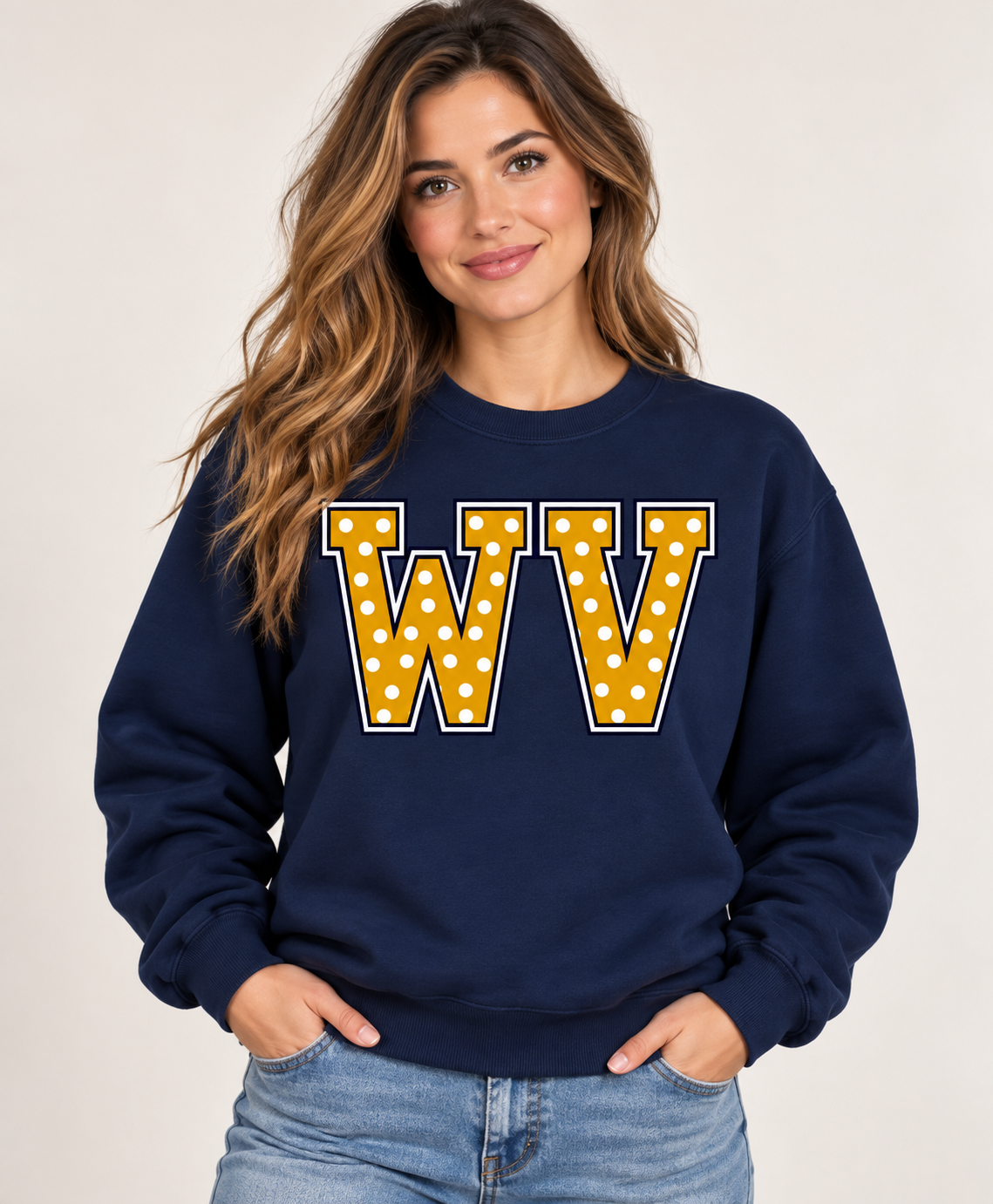 Woman wearing navy polka dot WV crewneck