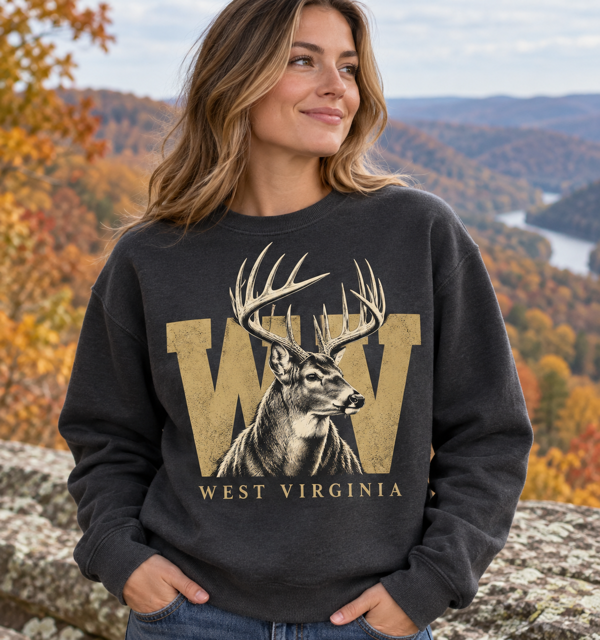 Woman modeling charcoal WV whitetail buck graphic crewneck
