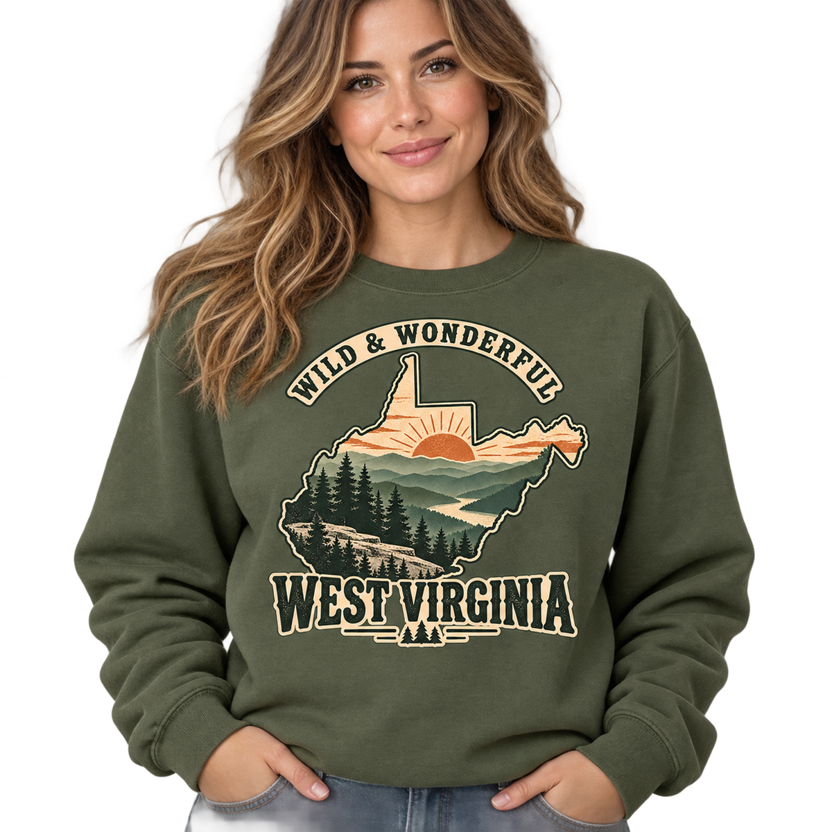 Woman wearing olive green Wild and Wonderful West Virginia crewneck