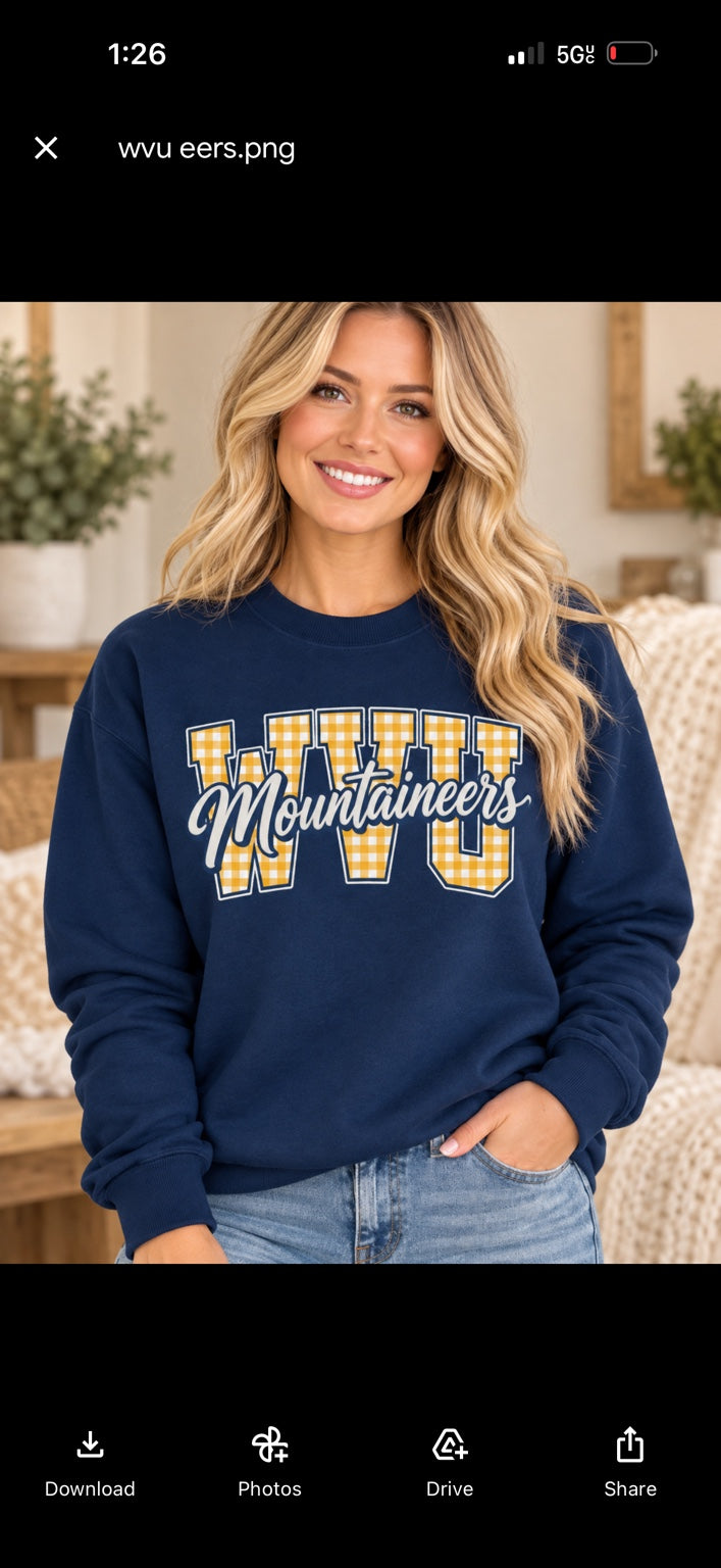 Navy WVU Mountaineers gold gingham crewneck